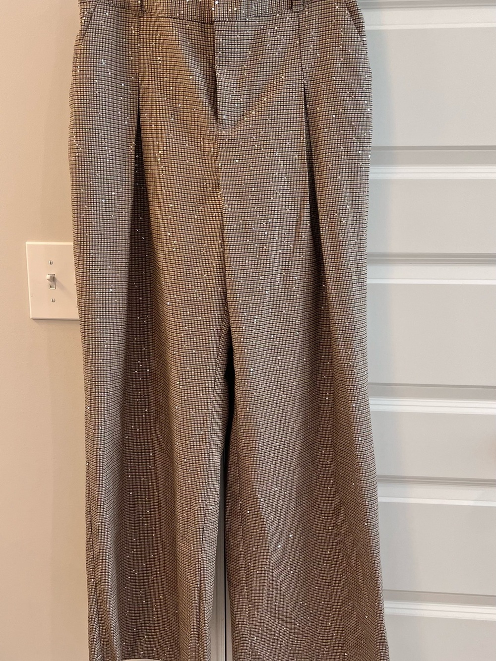 Sparkle-Embellished Wide-Leg Pants in Taupe